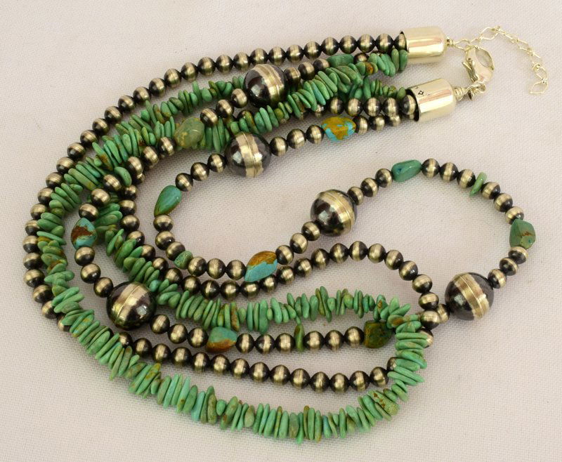 Navajo Sterling 3 Stand Necklace w/Navajo Pearls & Turq (1 of 7)