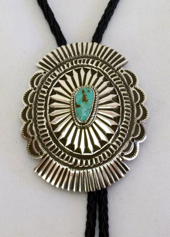Native American Sterling Concho Bolo Tie w/Turquoise (1 of 7)