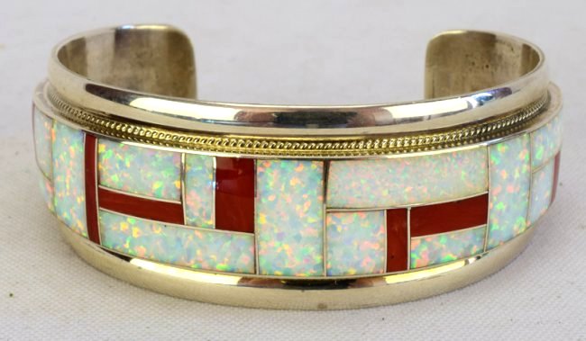 Zuni Sterling Silver Inlay Coral and Opal Cuff Bracelet (1 of 4)