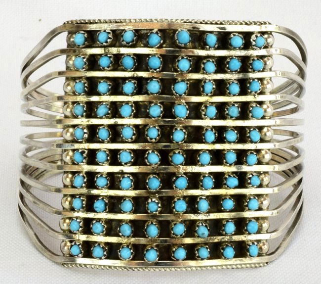 Zuni Sterling Silver Turquoise 10 Row Snake Eye Cuff (1 of 4)
