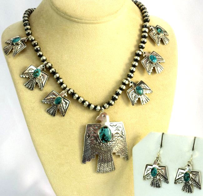Navajo Sterling Thunderbird Earrings & Necklace Set (1 of 5)