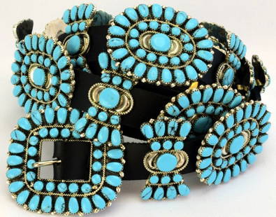 Sterling and Turquoise Statement Concho Belt -Bold !: Sterling silver and turquoise come together in a magnificent concho belt that is nothing but spectacular.With 9 concho that measure 2-1/4" by 2"along with 10 bowties that measure 2" by 1".The belt