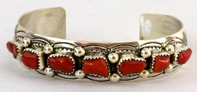 Wilbert Benally Sterling Silver  Coral Cuff Bracelet (1 of 4)