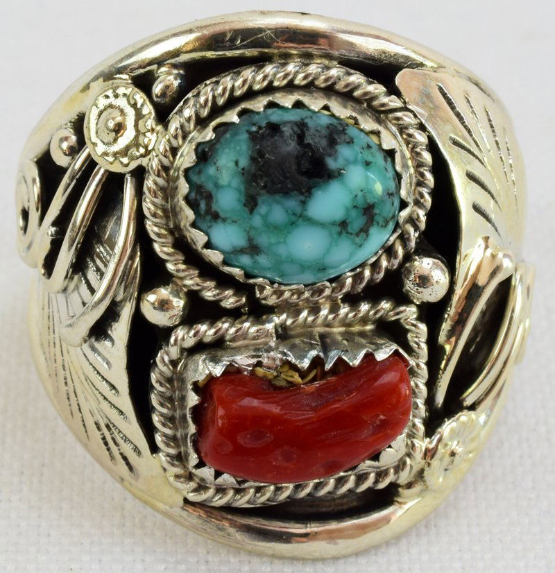 Navajo Sterling Silver Turqquoise & Coral Men's Ring (1 of 5)