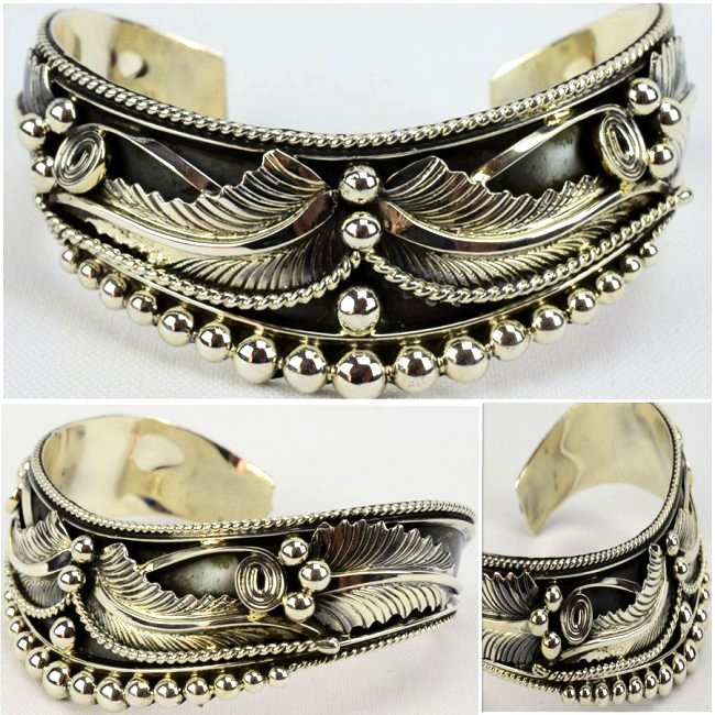 Native American Sterling Feather Cheveron Overlay Cuff (1 of 4)