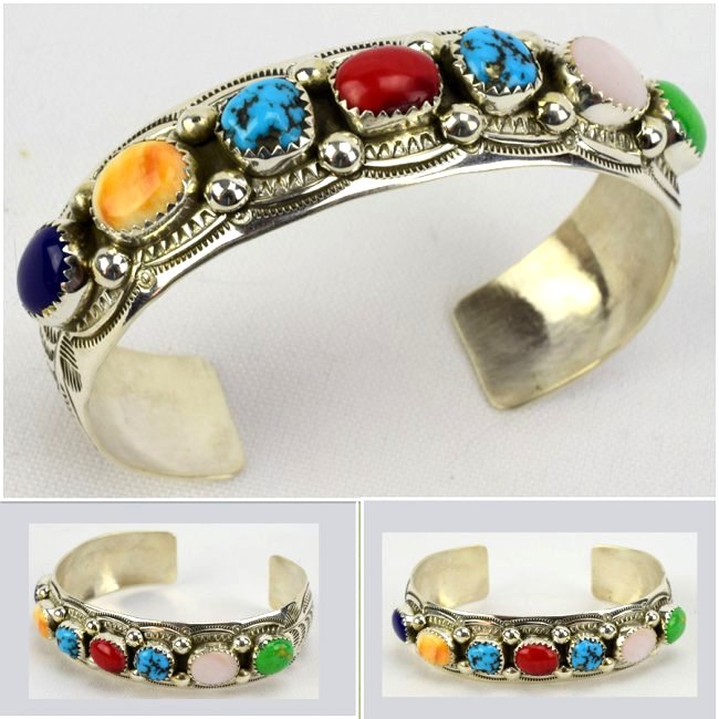 Navajo Sterling Silver Multi-Stone Cuff Bracelet (1 of 6)