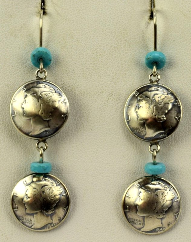 Navajo James McCabe Mercury Dime Earrings w/Turq. (1 of 3)