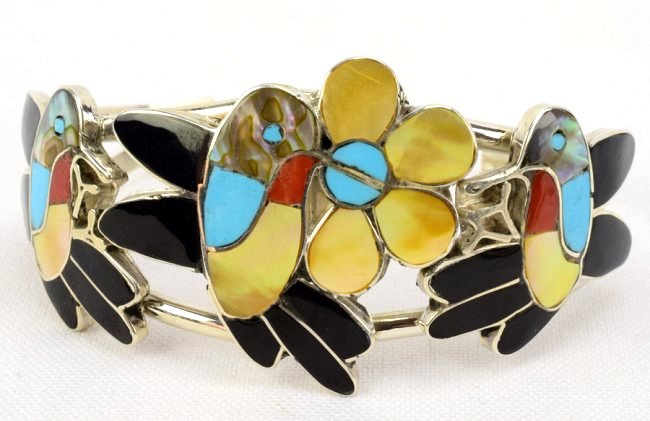 Zuni Ella Gia Sterling Hummingbird Inlay Cuff Bracelet (1 of 4)