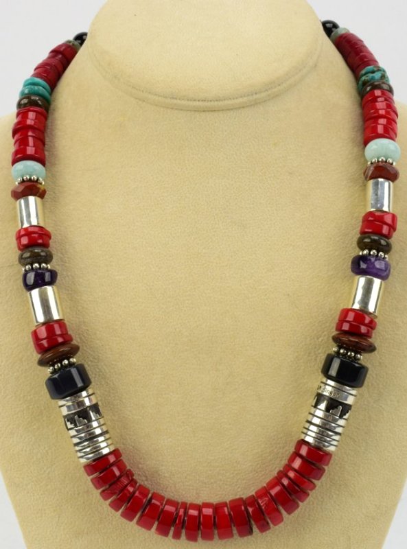 Navajo T & R Singer Coral & Multi-Stone Necklace (1 of 3)