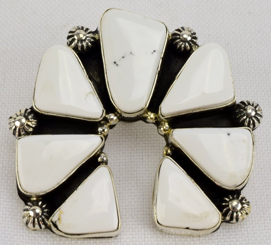 Sterling White Buffalo Naja Pendant by Lorenzo James: Measures 1 5/8 x 1 5/8 and is done in White Buffalo Turquoise with rain drop beads. The back is marked Sterling and Signed "L. James". Weighs 22.6 Grams and has a Hook on the back. Native American, Na