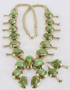 Masterpiece Squash Blossom Necklace set -Kingman Green: Measures 26 inches in length without the Naja drop. This Necklace and earring set has olive Green Kingman Turquoise Stones with a soft brown matrix. There are Six blossoms on each side that measure 1.