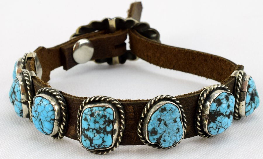 Navajo Turquoise Leather Bracelet in Sterling (1 of 4)