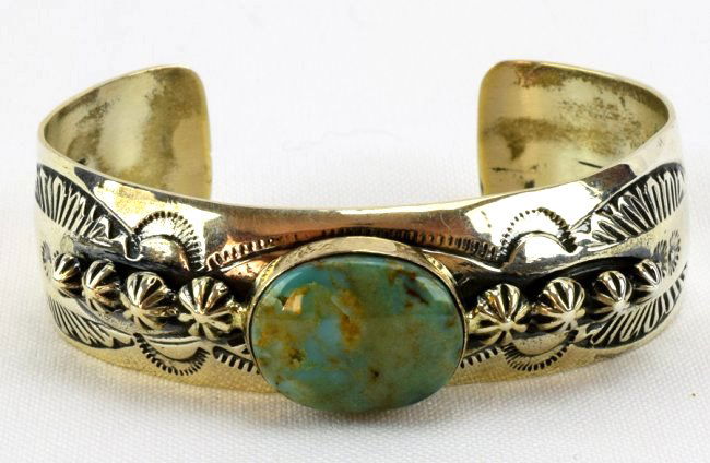 Navajo Natural Turquoise Single Stone Cuff Bracelet (1 of 5)