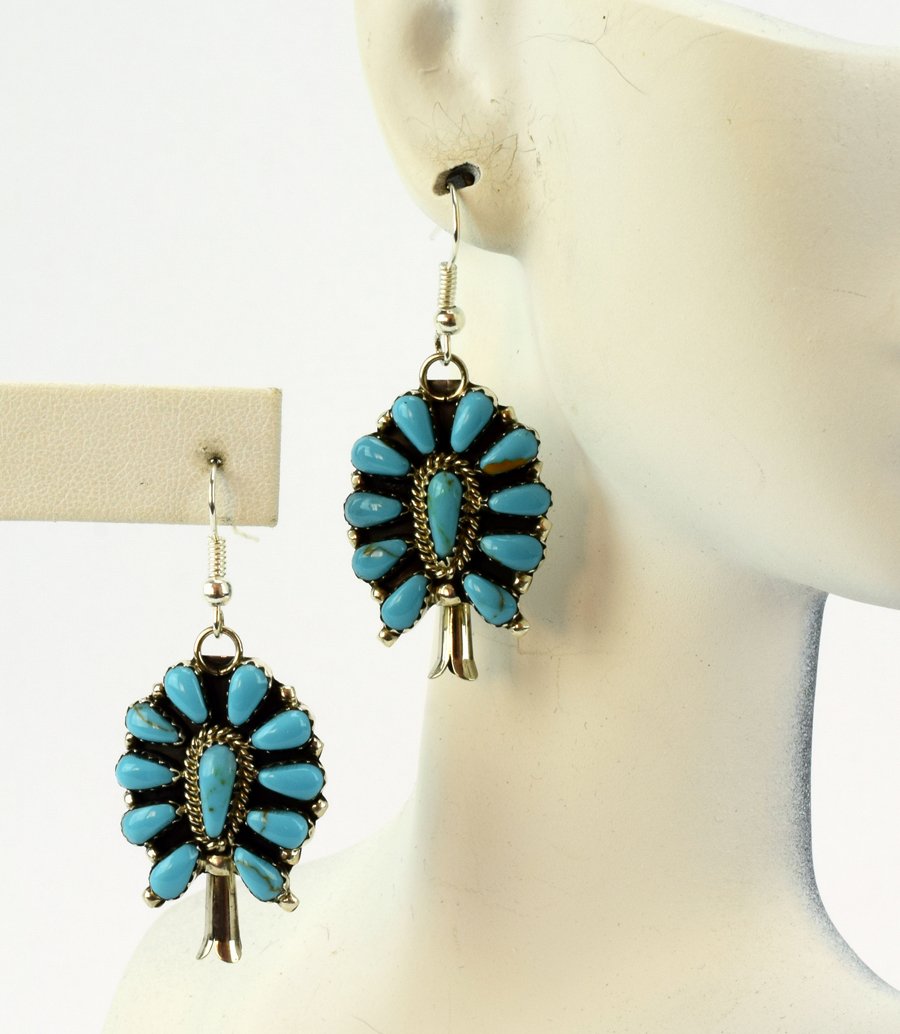 Navajo Turquoise Cluster Squash Blossom Earrings: Measures 2 inches in length and done in a Blossom Style with Turquoise {block}. Marked Sterling on the back and Hallmarked "RW". Weigh 7.9 Grams. Native American, Navajo, Southwestern Indian Jewelry.