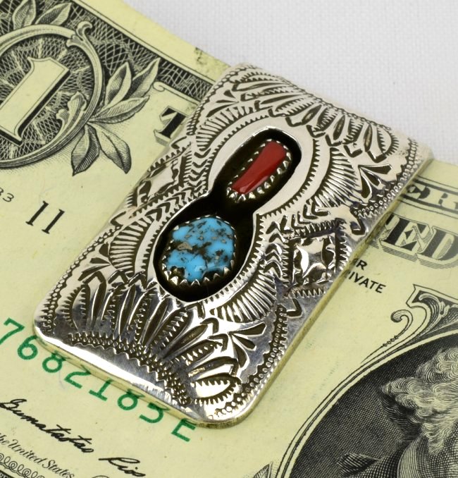 Navajo Sterling Stamped Money Clip w/turq. & Coral: Measures 1.75 x 1 inch. Heavy stamp work on the top with a Natural Coral and Turquoise nugget in a shadow box design. Made by Yazzie but unsigned. Weighs 22.8 Grams. Native American, Navajo, Southwest