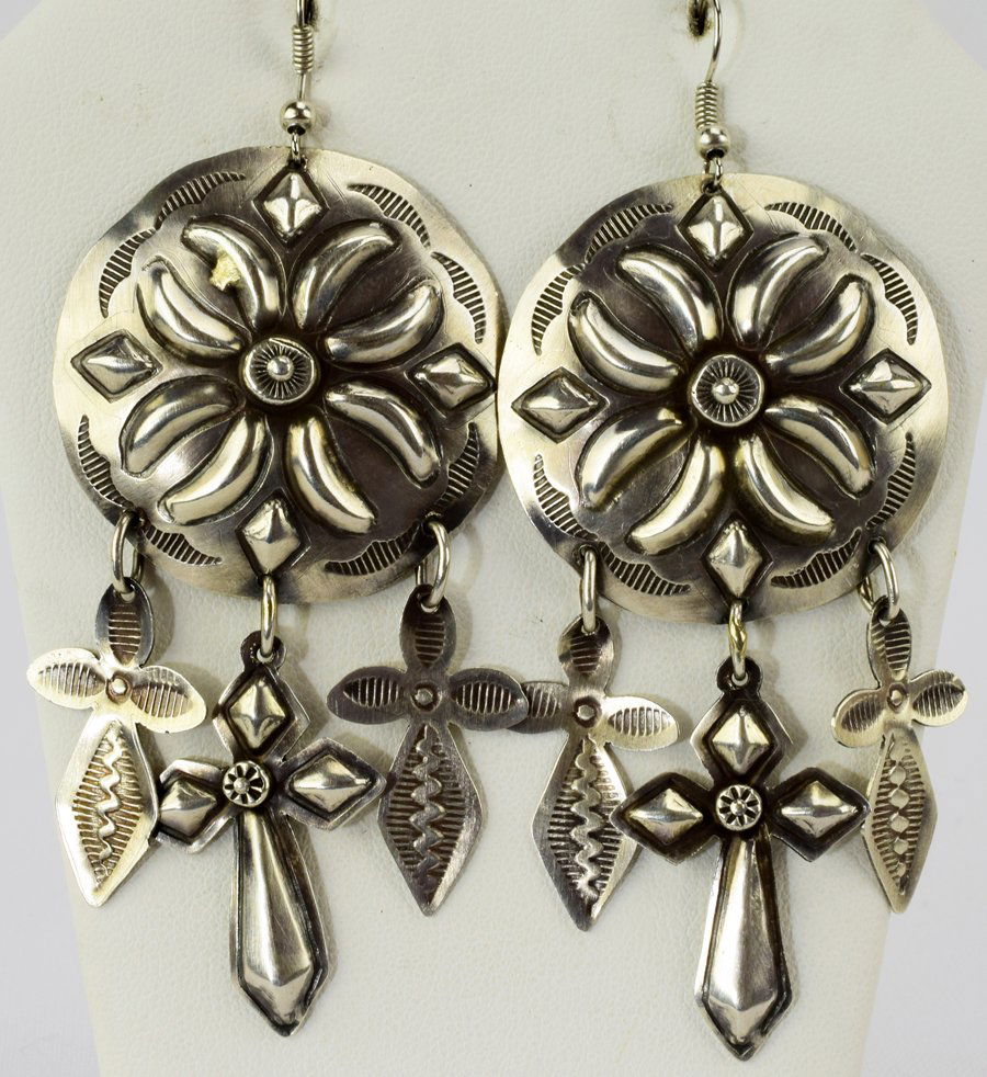 Navajo Sterling Repousse Concho Style Dangle Earrings (1 of 3)