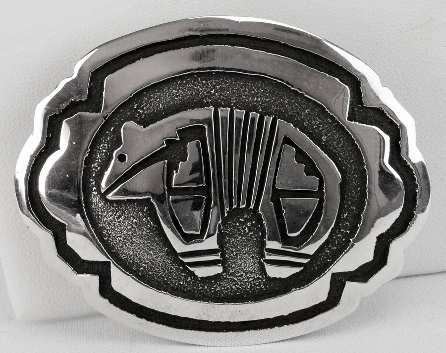 Navajo Sterling Silver Bear Olverlay Belt Buckle: Measures 2.75 x 2 1/8 inches. This buckle has the bear in the center with overlay design work. Marked Sterling and Hallmarked "BK". Weighs 45.7 Grams. Native American, Navajo, Southwestern Indian Jewe