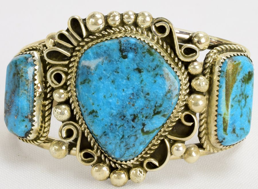 Leslie Nez Sterling Natural Turquoise 3 Stome Bracelet (1 of 5)