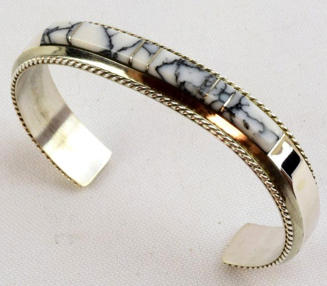 Navajo Sterling White Buffalo Inlay Cuff Bracelet (1 of 4)
