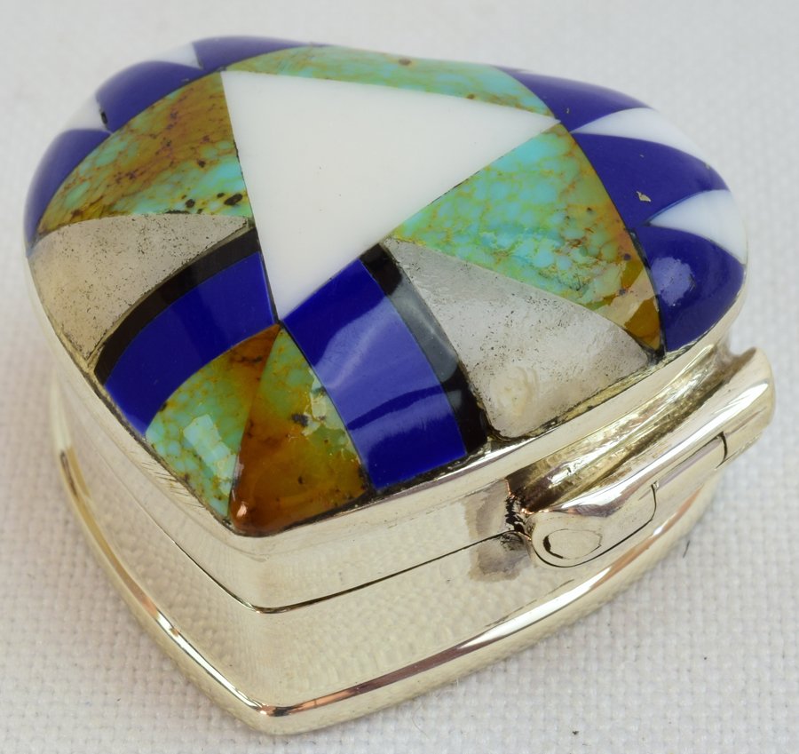 Navajo Sterling Silver Inlay Heart Shape Pill Box (1 of 6)