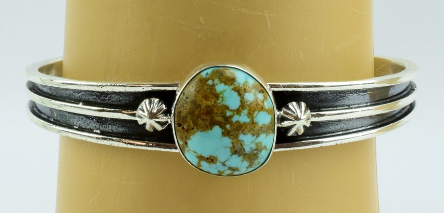 Navajo, H. Tahe Sterling Turquoise Single Stone Cuff (1 of 5)