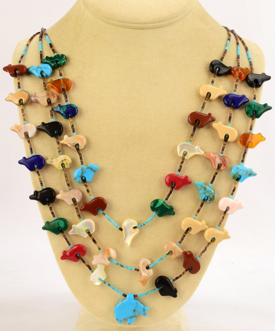 Navajo 3 Strand Heisi and Fetish Bear Necklace (1 of 3)
