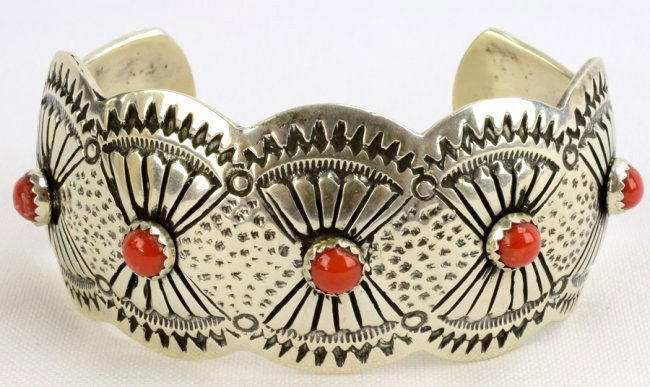 Russell Sam Sterling Concho Style Cuff w/Coral Accents (1 of 4)