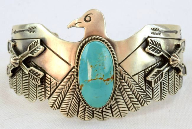 Russell Sam Sterling Turquoise Thunderbird Bracelet (1 of 5)