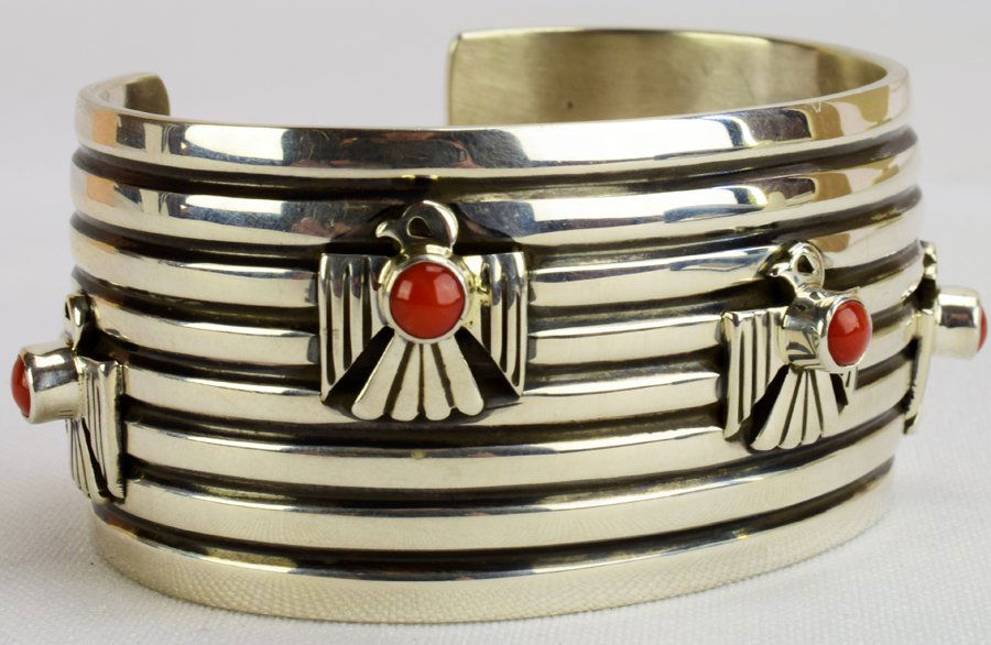 Andy Cadman Sterling Wide Band Cuff w/Coral Thunderbird (1 of 6)