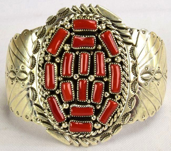 Navajo Sterling Coral Nugget Cuff Bracelet (1 of 4)