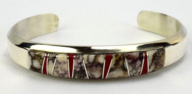 Navajo Sterling Inlay Wild Horse & Coral Inlay Bracelet (1 of 4)