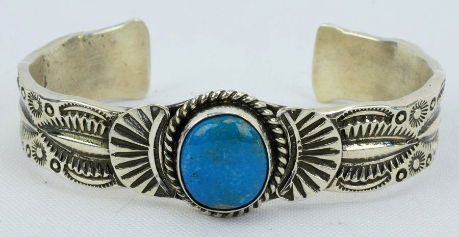 Navajo, G. Hale Sterling Turquoise Cuff Bracelet (1 of 4)