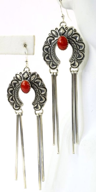Navajo Sterling Dangle Repousse Naja Earrings w/Coral (1 of 4)