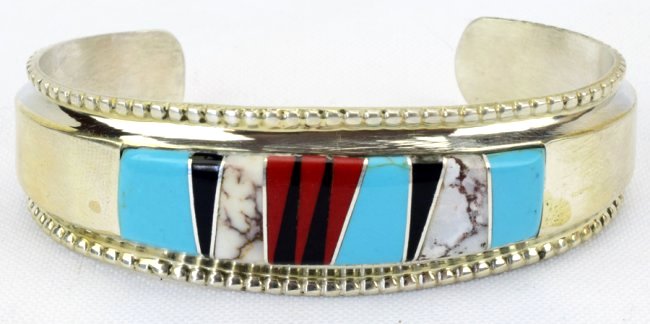 Navajo Sterling Silver Multi-Stone Inlay Cuff Bracelet (1 of 5)