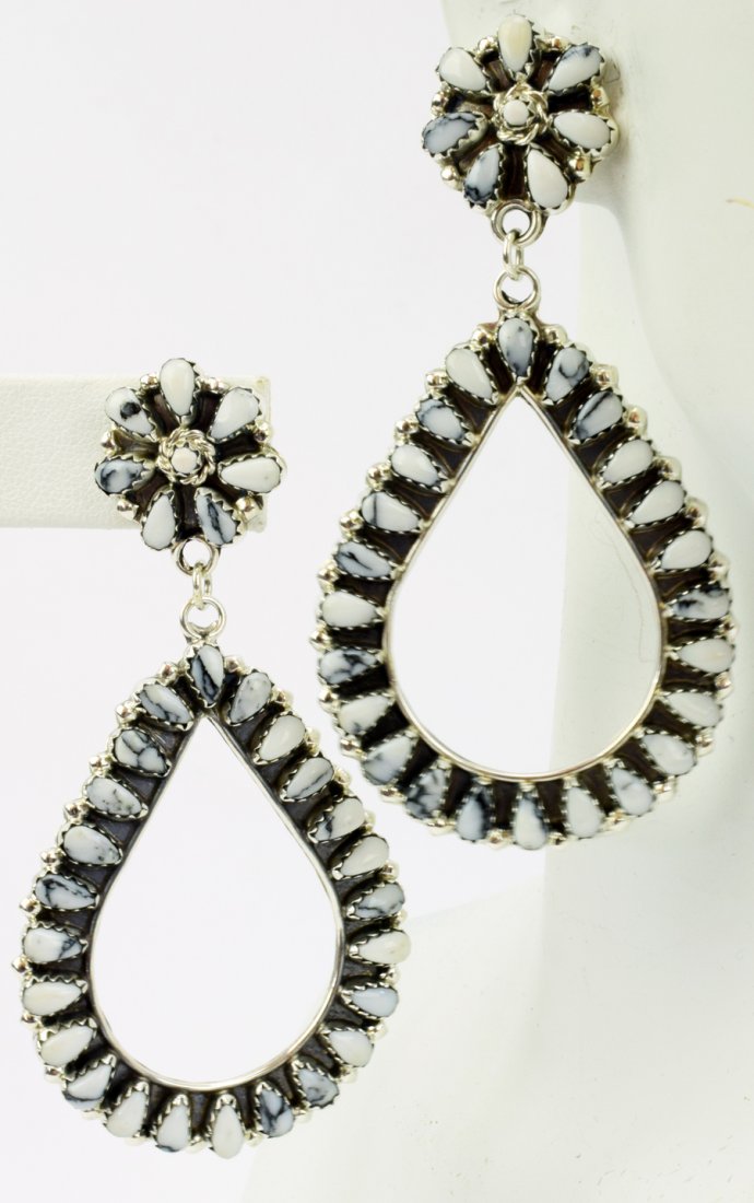 Mathilda Benally White Buffalo Turquoise Earrings: For Pierced ears these measure 3 inches in length and are done in the cluster style with White Buffalo Turquoise {howlite}. They are marked Sterling and Hallmarked "MB". Weighs 16.8 Grams. Native Amer