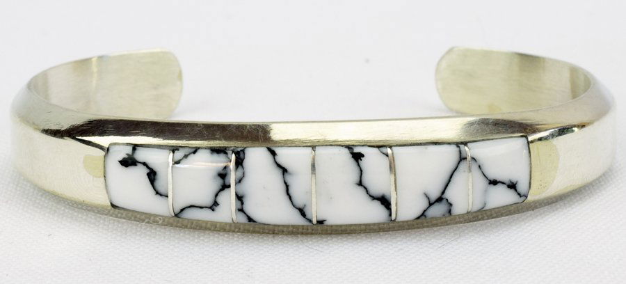 Navajo Sterling White Buffalo Inlay Cuff Bracelet (1 of 4)