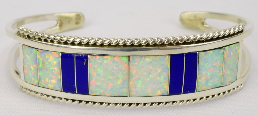 Navajo Sterling Silver Inlay Lapis and Opal Bracelet (1 of 5)