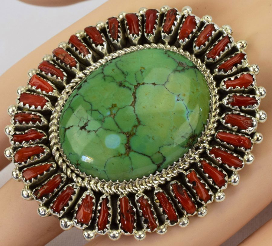 Zuni Large Sterling Turquoise and Coral Ring (1 of 5)