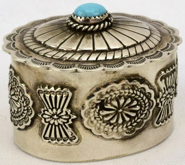 Navajo Sterling Silver Small Covered Box w/Turquoise (1 of 4)