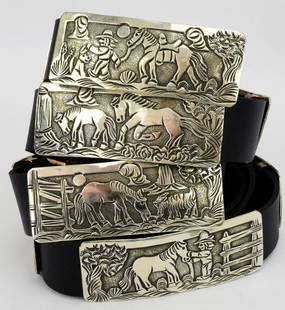 Storyteller Horse Concho Belt - Becenti: A charming rendition of the classic Concho Style.Each station depicts the adventures of a horse.Truly a masterpiece and a conversation starter.Each concho measures 3" by 1" and features 10 conchos and