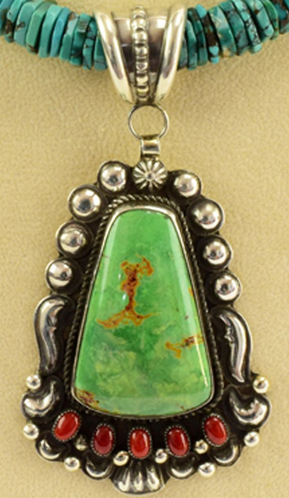 Myron Etsitty Sterling Large Turquoise & Coral Pendant (1 of 5)