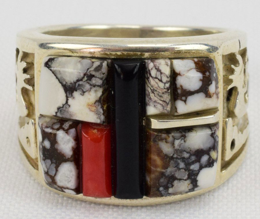 Navajo Sterling Multi-Stone Cobblestone Inlay Mens Ring (1 of 4)