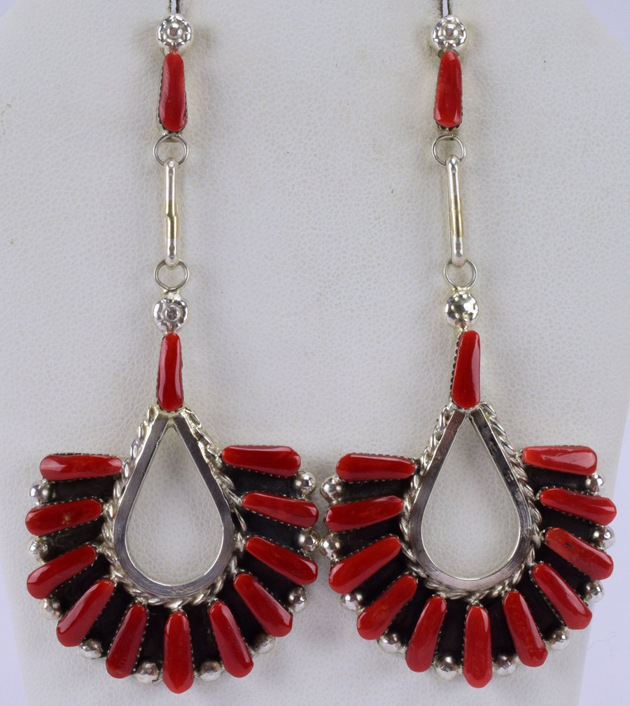 Zuni Charlene Hattie Sterling Coral Dangle Earrings (1 of 4)