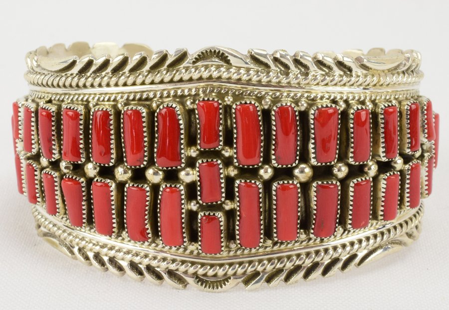 Navajo Sterling Silver Coral Nugget Cuff Bracelet (1 of 5)