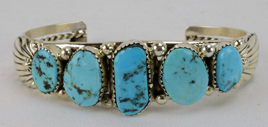 Navajo Sterling Natural Turquoise 5 stone Cuff (1 of 4)