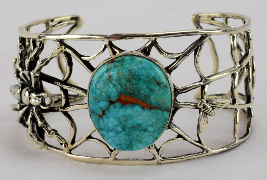 Navajo Sterling Silver Spider Web Bracelet w/Turquoise (1 of 4)