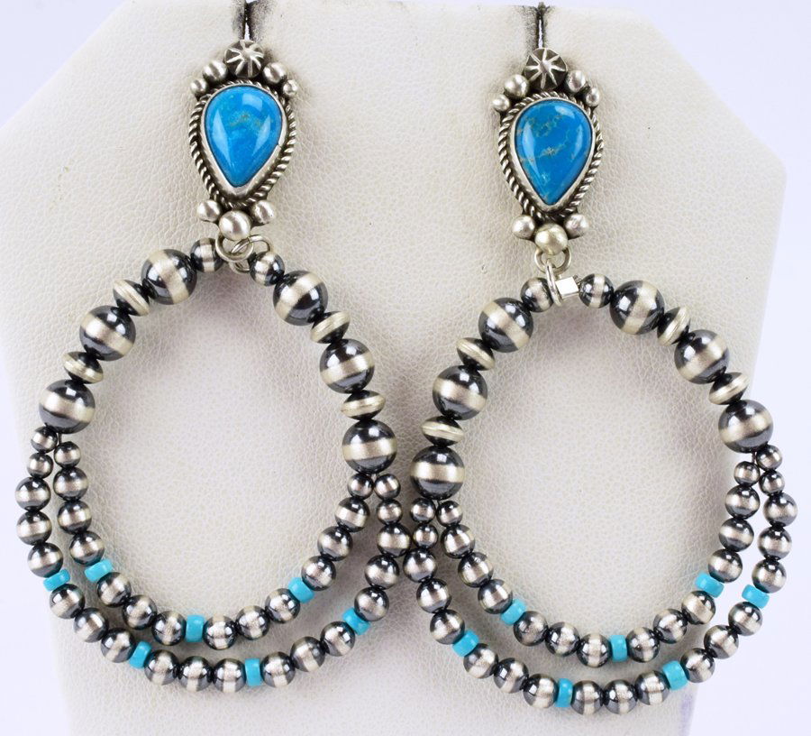 Navajo Sterling Bench Bead Hoop Earrings w/Turq. (1 of 4)