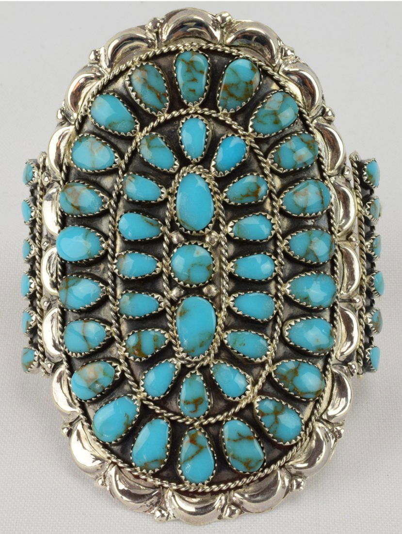 Navajo Sterling Silver Tuquoise Cluster Bracelet (1 of 5)
