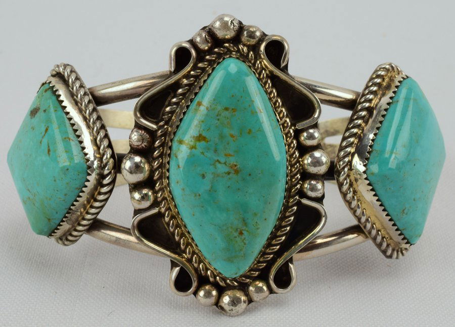 Navajo Lg, Sterling Silver 3 Stone Turquoise Bracelet (1 of 4)