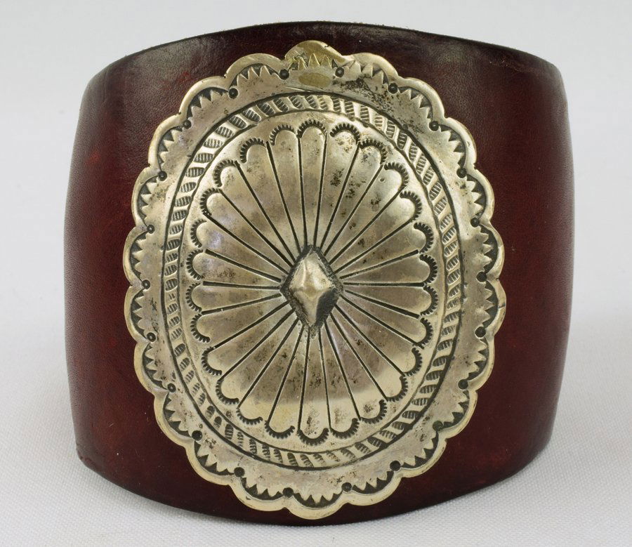 Navajo Wide/Heavy Concho and Leather Men's Bracelet (1 of 3)